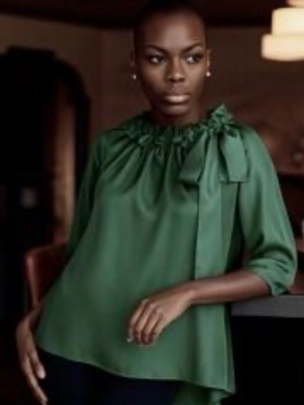 Never a Wallflower silky dark green ruffle cinch neck blouse S